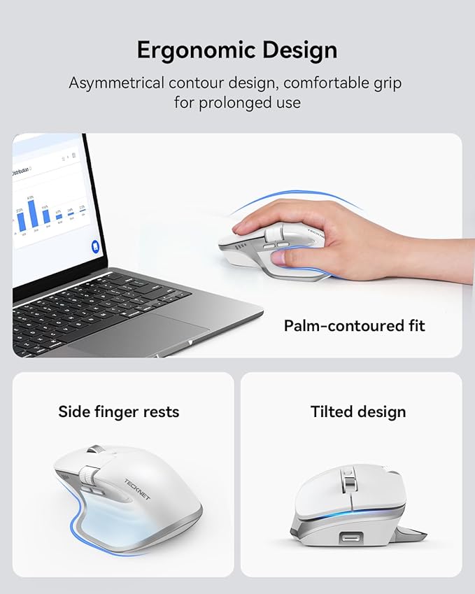 TECKNET Wireless Mouse, Bluetooth Mouse (BT5.0/5.0 & 2.4G) Rechargeable 4800 DPI Ergonomic Optical Mouse with 6 Adjustable, Quiet Clicks, USB A Receiver, 7 Buttons, Wide Compatibility - White