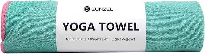 Eunzel Hot Yoga Towel - Microfiber Non Slip Yoga Mat Towel with Grip Dot Sweat Absorbent Towel for Hot Yoga, Pilates and Fitness 72" x 24", Teal/Pink