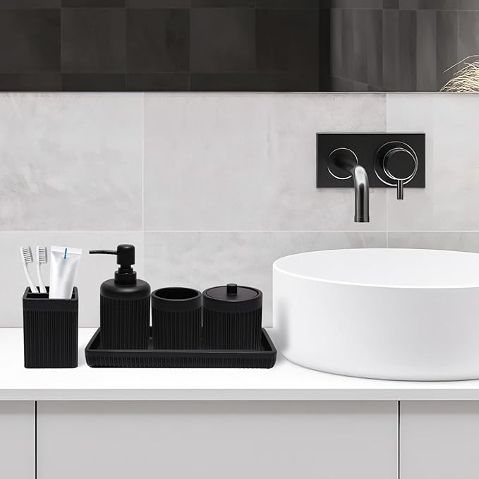 Resin Matte Black Bathroom Accessories Set 5 Pcs, Lotion Soap Dispenser, Toothbrush Holder, Bathroom Tumbler, Qtip Holder and Vanity Tray, Bathroom Countertop Organizer Set for Home Apartment
