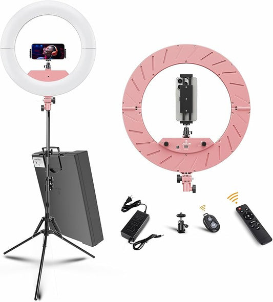 Ring Light 18 INCH Kit,55W6700k Dimmable LED Light, Tripod Stand, Remote Controller,Box for Camera,Smartphone,YouTube,TikTok,Self-Portrait Shooting,CRI95 (Pink)