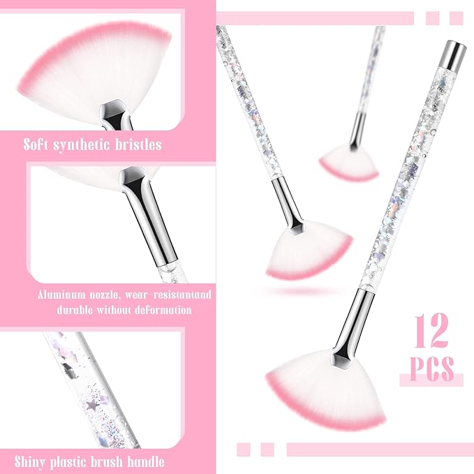 12 Pcs Fan Brushes for Facial Mask Brushes with Glitter Quicksand Handle Cosmetic Facial Fan Brushes Soft Facial Mask Brush Applicator Facial Peel Applicator Face Mask Tools with Pouch (Silver)