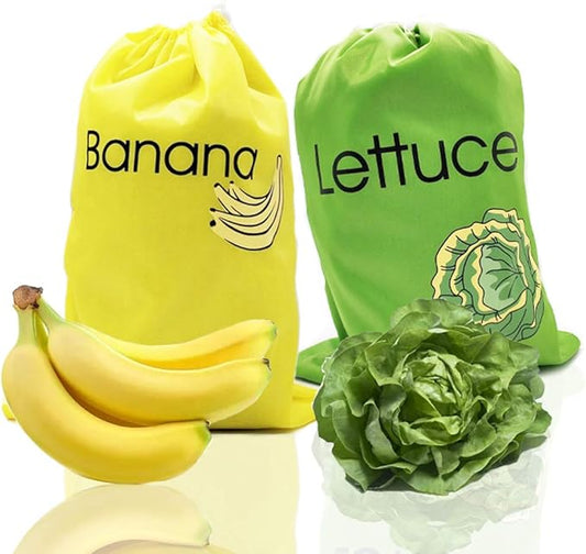 DE Reusable Produce Bags ，Includes Banana Bag and Lettuce Bag，Keep it Longer Up To 2 Weeks Stop Food Waste