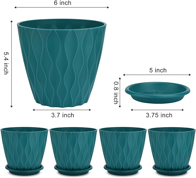 6 inch Plant Pots, 5 Pack Flower Pots Outdoor Indoor, Planters with Drainage Hole and Tray Saucer(Blue