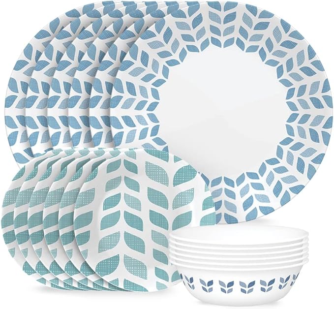 Corelle Global Collection Vitrelle 18-Piece Dinnerware Set Triple Layer Recycled Glass, Lightweight Eco-Friendly Round Plates and Bowls Set, Northern Pines