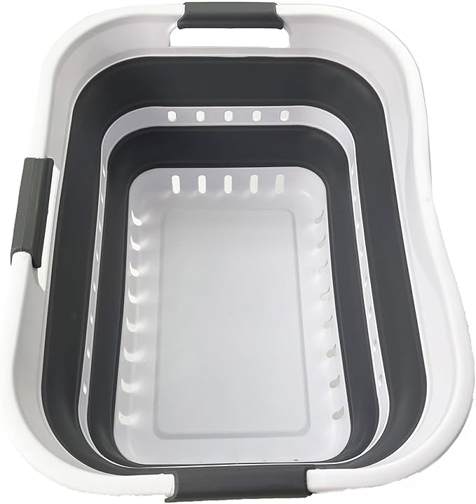 SAMMART Collapsible Plastic Rectangular Laundry Basket - Foldable Pop Up Storage Container/Organizer - Portable Laundry Hamper - Space Saving (White/Steel Grey, 30L)