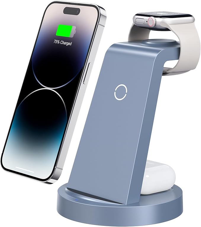3 in 1 Charging Station for iPhone, Wireless Charger for iPhone 17 16e 16 15 14 13 12 11 X Pro Max & Apple Watch - Charging Stand Dock for AirPods (Blue)