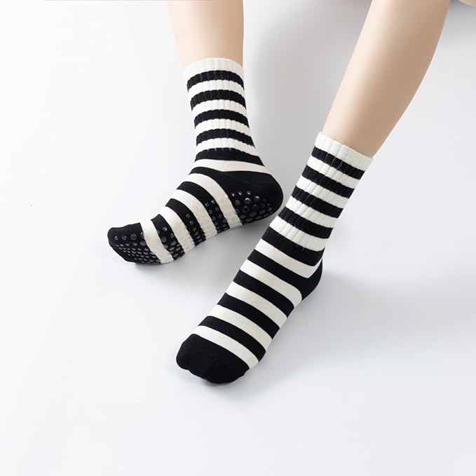 Yoga Pilates Socks with Grips for Women Non Slip Striped Cushioned Crew Socks for Barre Ballet Dance