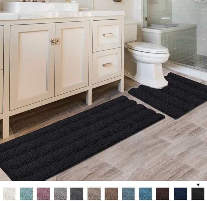 H.VERSAILTEX Bathroom Rugs Bath Rug Set 2 Piece Bathroom Contour Rug Toilet Mat Sets Non Slip Contour Bath Rug Ultra Thick Water Absorbent Striped Bath Mats Washable(47" x 17" Plus 20" x 20" U, Black)