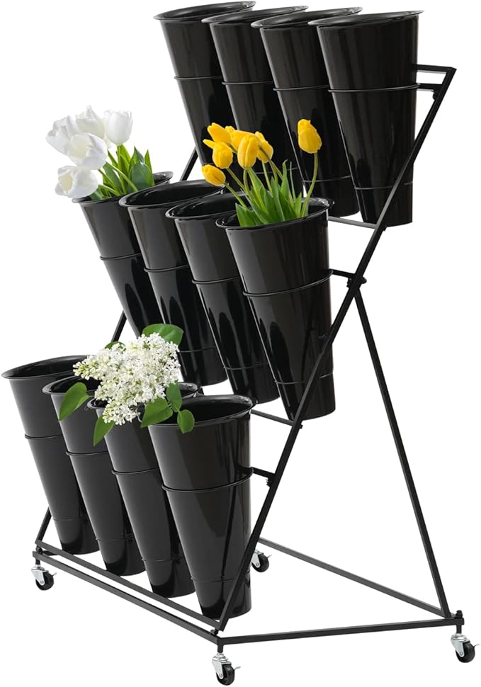 DYRABREST Flower Display Stand With 12PCS Buckets, 3 Layers Metal Plant Stand with Wheels, Heavy Duty Moving Plant Cart Shelf for Indoor, Outdoor Patio Garden, Florist (Black)