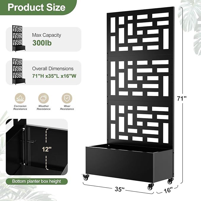 Metal Planter Box with Trellis, 71"x 35"x 16" Raised Garden Bed with Trellis & Wheels, Privacy Planters for Patio, Planter Box with Drainage Holes for Climbing Plants, Flower, Vegetable