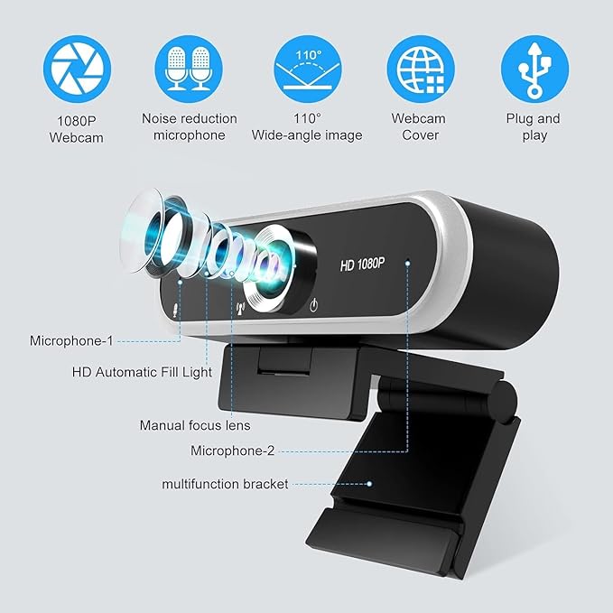 Webcam 1080P with Microphone and Webcam Cover Plug and Play with Auto Light Correction for Laptop PC Desktop for Live Streaming Video Call Conference