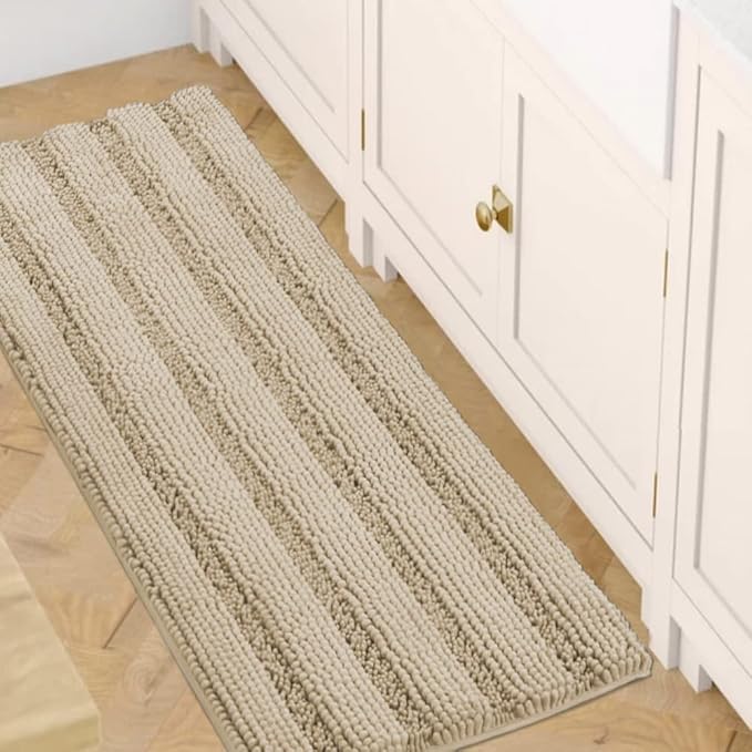 H.VERSAILTEX Bath Rugs for Bathroom Non Slip Bath Mats Thick Chenille Striped Bath Rug Runners 47" x 17" Absorbent Fluffy Soft Shaggy Mats Dry Fast Plush Area Carpet for Bath Room - Fog