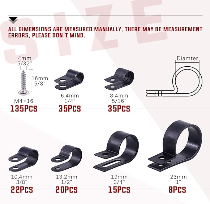Hilitchi 135 Pcs 6 Sizes Black Plastic Cable Clamp R Type Screw Mounting Cord Fastener Cable Clips Assortment Kit with Screws for Wire Management Cable Conduit (Clips from 6mm to 23mm)