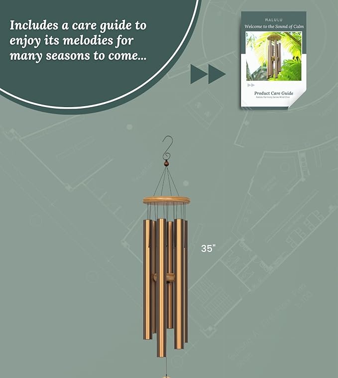 Large Wind Chimes – 35” Gold Modern Wind Chimes for Deep, Soothing Tones – Outdoor Garden Décor, Hand-Tuned Metal Chimes for Relaxation – Weatherproof Gift for Patio, Yard & Zen Spaces