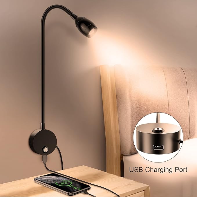 Wall Mounted LED Reading Light with 15" Flexible Gooseneck, Focused Adjustable Book Light for Reading In Bed with 3000K Warm Light, Plug In Dimmable Bedside Headboard Night Lamp, Touch Control-2 Pack