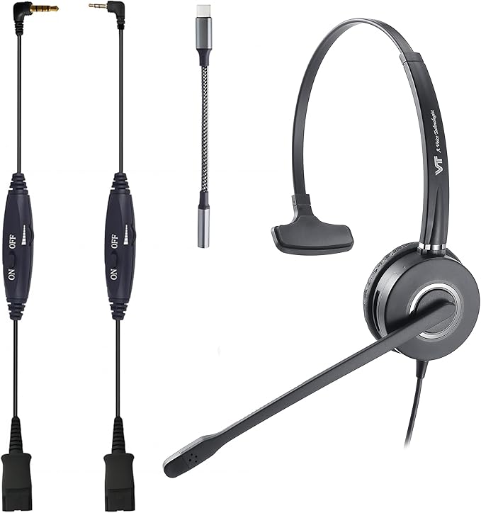 QD Headset with 3.5mm Jack&USB-C Adapter for PC,Cellphone,Tablet, 2.5mm Jack Compatible with Panasonic-Cisco-AT&T-Grandstream IP Phones, etc. with Mute, Volume Control (2.5mm&3.5mm Connectivity)