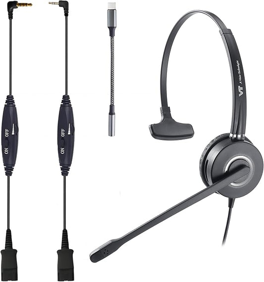 QD Headset with 3.5mm Jack&USB-C Adapter for PC,Cellphone,Tablet, 2.5mm Jack Compatible with Panasonic-Cisco-AT&T-Grandstream IP Phones, etc. with Mute, Volume Control (2.5mm&3.5mm Connectivity)