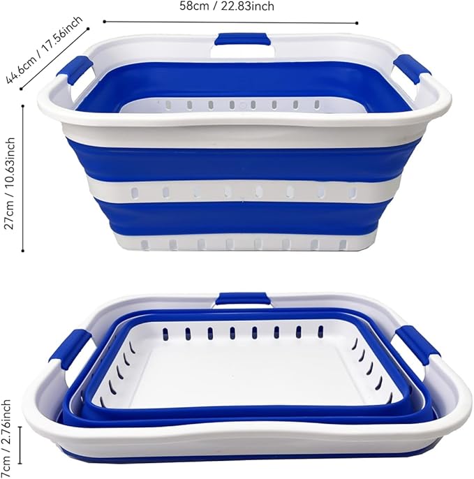 SAMMART 42L (11 gallons) Set of 2 Plastic Foldable Storage Basket/Container - Collapsible, Space Saving and Portable Laundry Hamper, Ideal for Home, Travel, Dorm (2, White/Dark Blue)