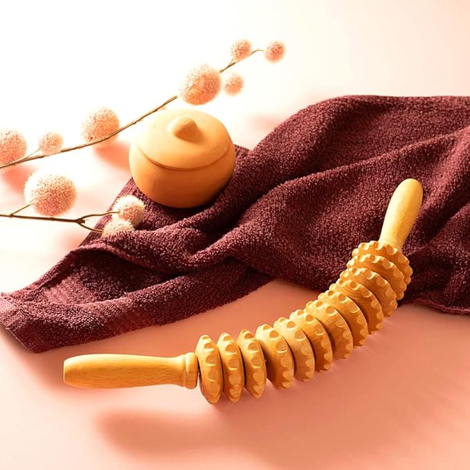 Wooden Curved Massage Stick Roller - 15.6 inch Wood Roller Massager for Body, Waist, Thigh, Belly, Legs Muscle - Manual Self Therapy, Anti Cellulite Lymphatic Drainage Massage Tools