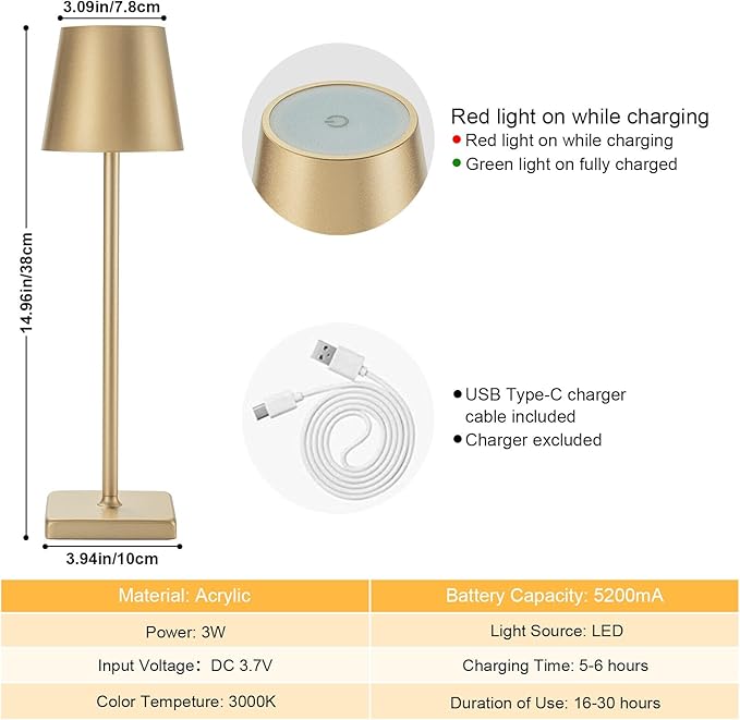 1 Pack Rechargeable Cordless Table Lamps, 5200mAh Battery Touch Table Light, Aluminum Shell Stepless Dimmable Portable LED Desk Lamp for Dinner/Restaurant/Outdoor Gold