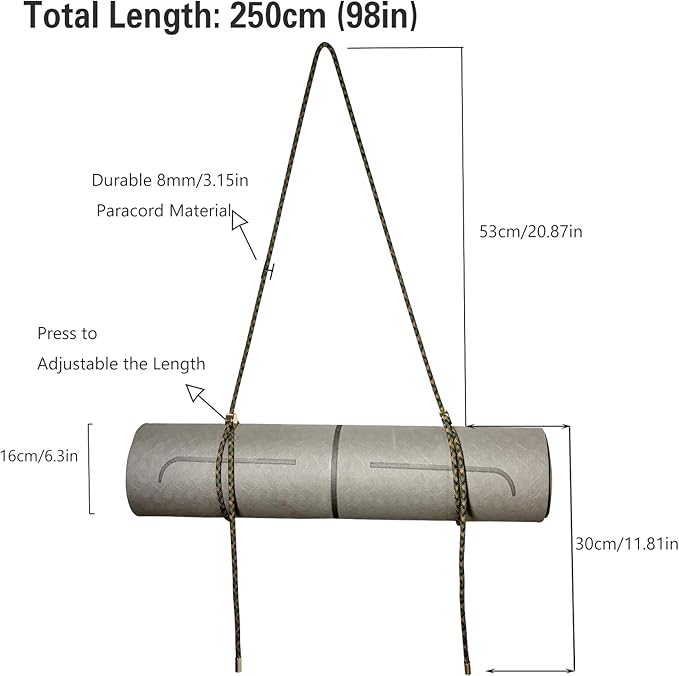 DAOSUN Yoga Mat Strap - 8MM Adjustable Paracord Carrier for Carrying Yoga Mats, Camping Pads & Blankets (Strap Only)