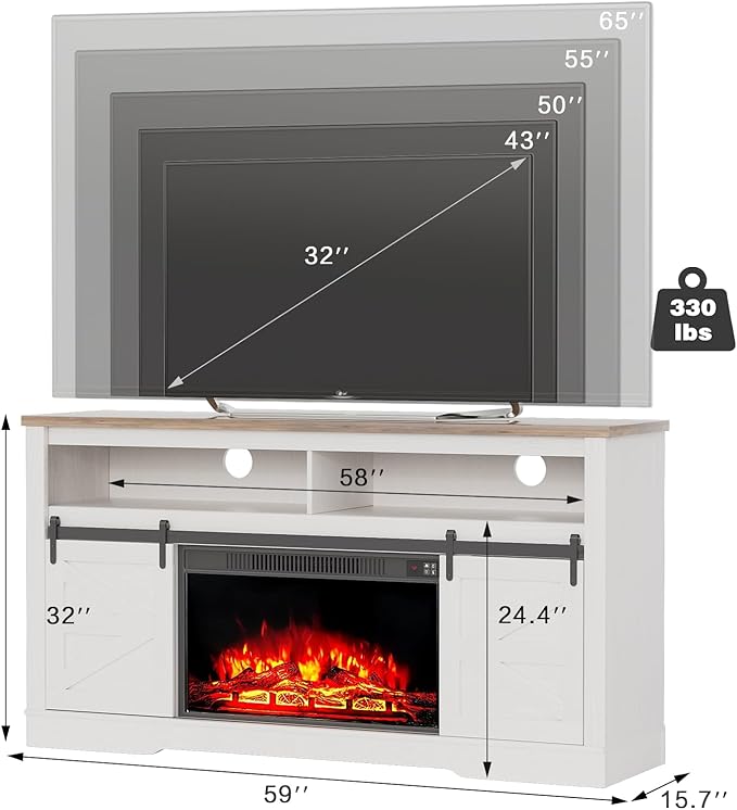 YESHOMY Fireplace TV Stand for Television up to 65+ Inch with Storage and Farmhouse Sliding Barn Doors, Entertainment Center with Cabinet and Shelves, Media Console for Living Room, White