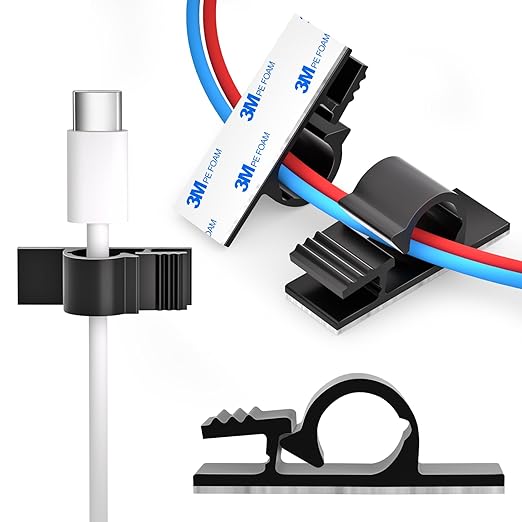 XHF 100pcs Adhesive Cable Wire Clips Black, Outdoor Cable Management Wire Organizer Cord Holder for Under Desk, Car, Wall, TV PC Ethernet Cable