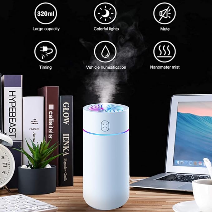 Portable Mini Humidifier with 7-color Lights, Cool Mist Small Desk Humidifiers Car Humidifier [2 Mist Modes] USB Personal Desktop Humidifiers for Bedroom, Office, Travel, Car, Plants, Super Quiet