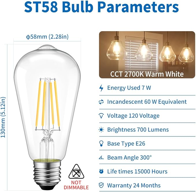 ANWIO Vintage LED Edison Bulbs 6-Pack, 7W, Equivalent 60W, Non-Dimmable, ST58 2700K Warm White Antique LED Filament Bulbs,E26 Medium Base, Clear Glass Style for Home and Commercial