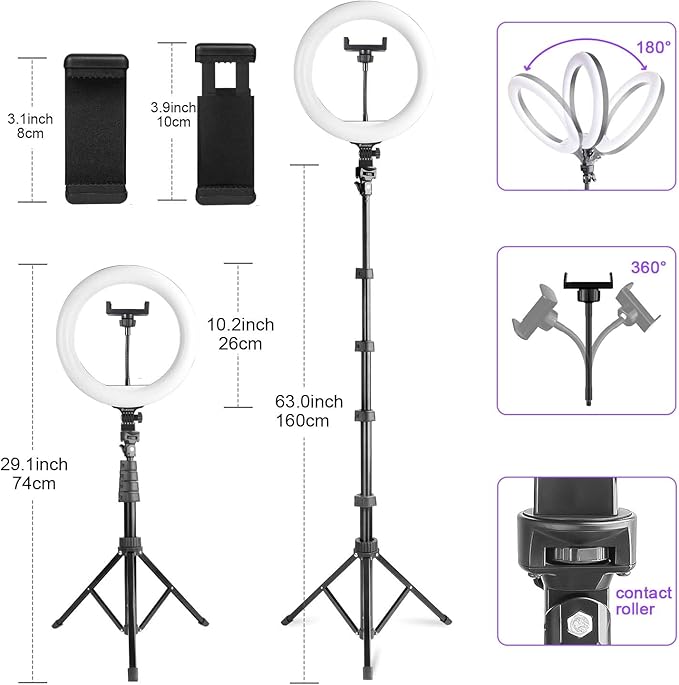 UEGOGO 10'' Ring Light with 72'' Tripod Stand & Phone Holder，38 Color Modes Dimmable LED Ringlight for Live Stream, YouTube,Makeup,TikTok