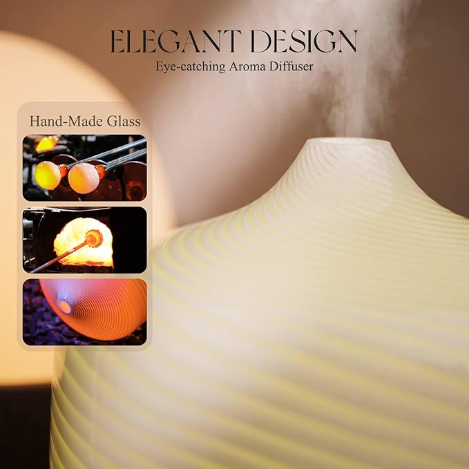 Porseme 500ml Glass Essential Oil Diffuser Aromatherapy Ultrasonic Cool Mist Humidifier 15-21 Running Hours Waterless Auto-Off Air Diffusers for Sleeping Yoga Office Working Spa and Rest (Pure White)