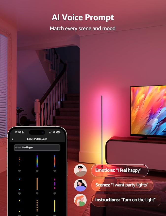 Lepro OE1 AI Floor Lamps for Living Room, Smart LED Corner Lamp with RGBW Color Changing, Alexa Compatible, Music Sync, DIY modes, 1000LM, Modern Standing Lights for Bedroom, No Remote, 2.4G WiFi Only