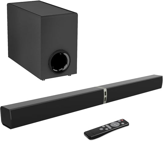 MZEIBO Sound bar with Subwoofer, 120W Bluetooth 5.0 TV Soundbar Home Theater System with Wired Subwoofer, Deep Bass Audio System with BT/ARC/Optical/AUX Connection for TV PC