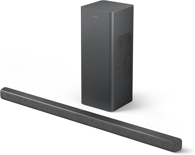 PHILIPS B6309 2.1 Channel Soundbar with Wireless Subwoofer,3D Surround Sound with DTS Virtual:X & Dolby Atmos,Easy Setup with Roku TV Ready™,APP or Remote Control,HDMI eARC,Slim Design,Dark Grey