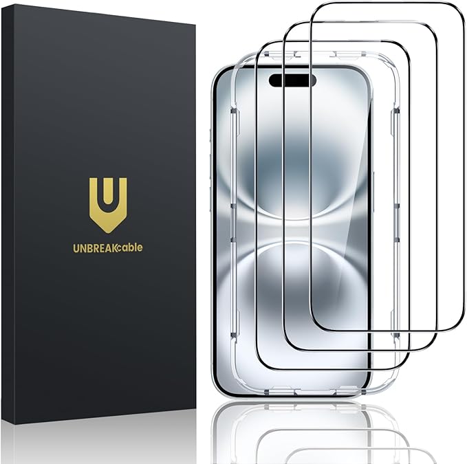 UNBREAKcable Screen Protector for iPhone 16 Plus/15 Plus [3-Pack] Full Coverage Double Shatterproof Tempered Glass [Installation Frame] [9H Hardness] [99.99% HD Clear] [Bubble Free] for iPhone 6.7"