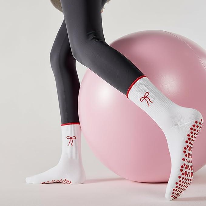 3 Pairs Cute Pilates Socks with Grips for Women Non Slip Yoga Socks Grippy Crew Socks Embroidery Pattern for Workout Ballet