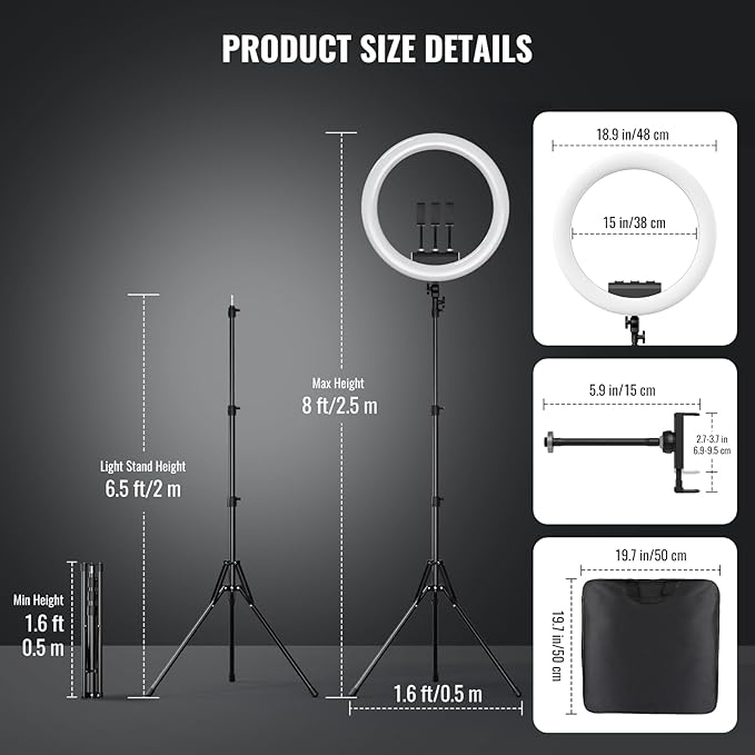 Ring Light with Stand, 19in LED Selfie Circle Light, Max 8ft/2.5m Tripod Stand, 3 Holders for iPhone, Remote Control, 6300K Color Temperature for Live Streaming, Barber, Makeup, YouTube, Tiktok