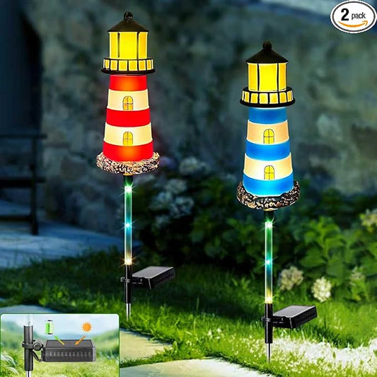 Lighthouse Outdoor Solar Lights, 2 Packs Outdoor Waterproof, Solar Trail Lights Decor Your Garden Lighthouse, Flower beds, Patio Lights walkways Garden Decor for Outside