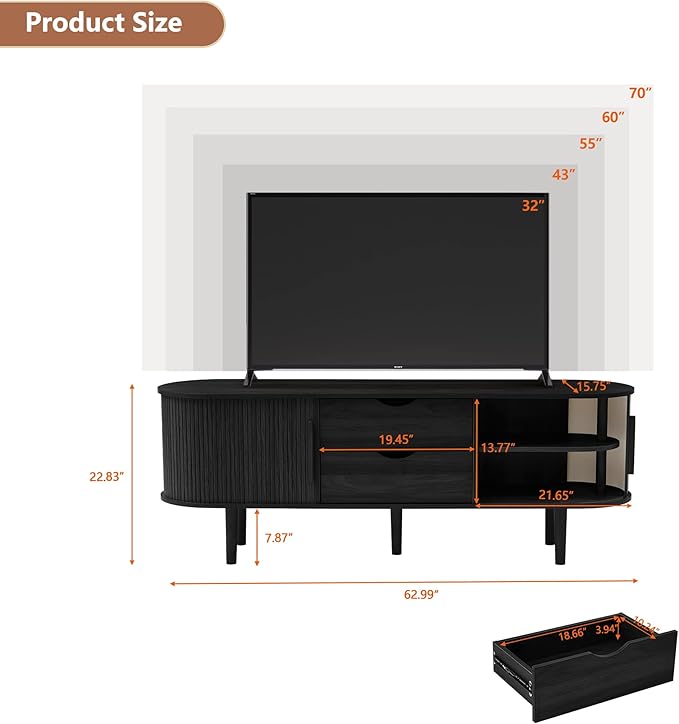 TV Stand, Media Console Table with Sliding Door and 2 Drawers, Modern Entertainment Center with Storage for Living Room, Bedroom, Home Office (Black with 2 Drawers)