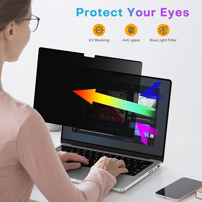 OMOTON Magnetic Privacy Screen for MacBook Pro 16 Inch (2021-2024, M1-M4, Pro, Max), Anti-Spy Filter, Matte Anti Glare Blue Light Protector, Easy Install & Remove