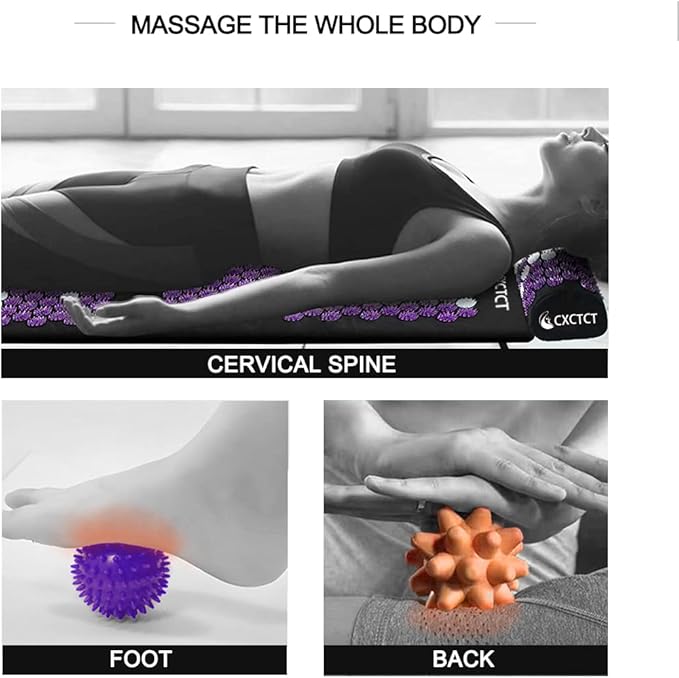 Purple Yoga Massage Mat Set,Acupuncture Magnetic Mat and Pillow - Extra Long & Large Back & Neck Pain Relief