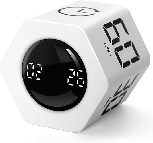 Productivity Timer 1, 5, 10, 30, 60 Minutes Preset, Desk Cube Timer with Gravity Sensor/Mute/Vibration for ADHD, Work, Study, Kitchen, Back to School (1, White)