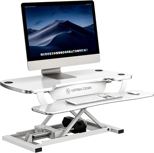 Power Pro Electric Height-Adjustable Desk Riser by VersaTables | USA Manufactured | Standing Desk Converter | Sit to Stand Desktop with Keyboard + Mouse Tray | 36"x 24" | White