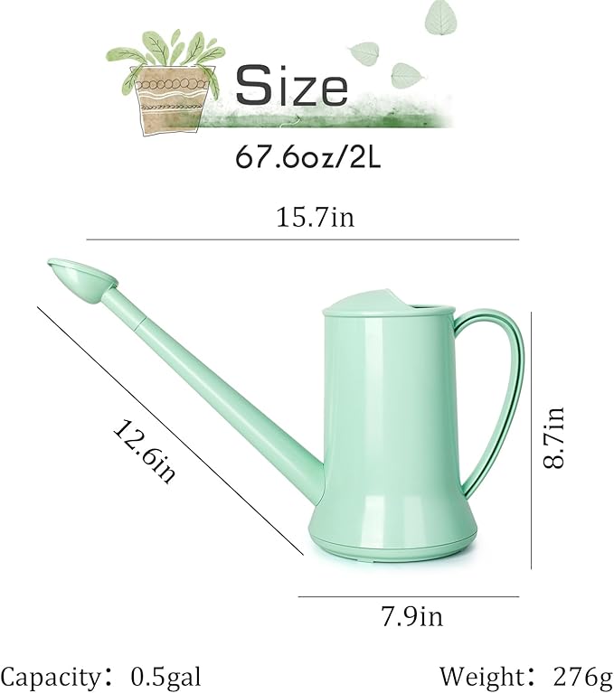 XXXFLOWER 1/2 Gallon Small Indoor Plant Watering Can, 2L Long Spout Removable Nozzle Flower Watering Pot for Office House Indoor Garden（Green, 67 oz）