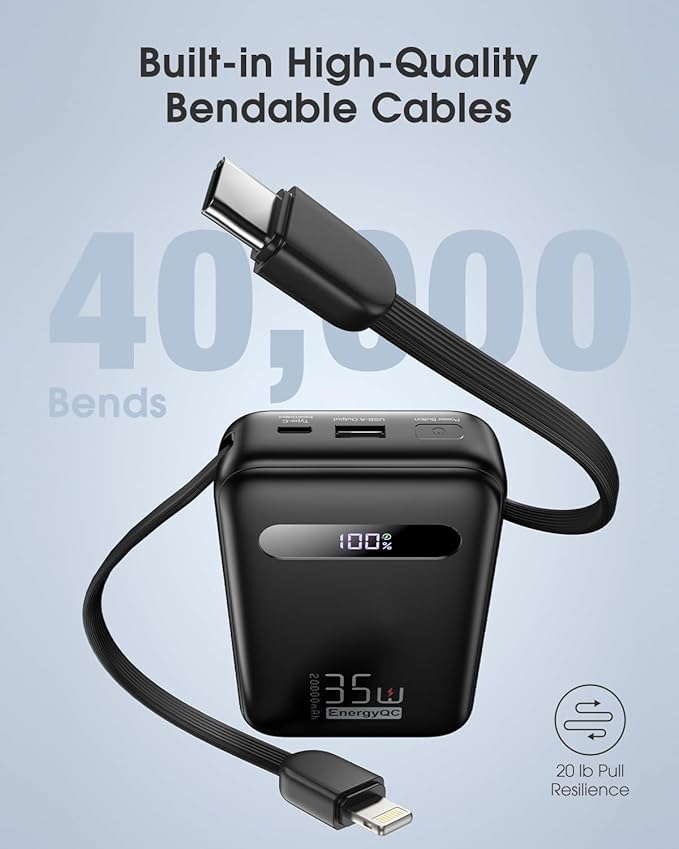 EnergyQC 20000mAh Portable Charger, 35W PD 3.0+QC 4.0 Fast Charging Power Bank with Built-in Lightning & USB-C in&Out Cables, Travel Battery Pack for iPhone 17/16/15/14, Samsung, iPad, Android, Black