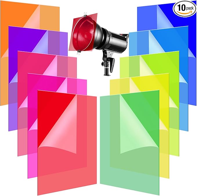 (10 Pcs) Color Gel Light Filter, Transparent Color Lighting Gel Filter Correction Plastic Sheets 8.5 x 11 Inch for Film, Video, Stage, Photo