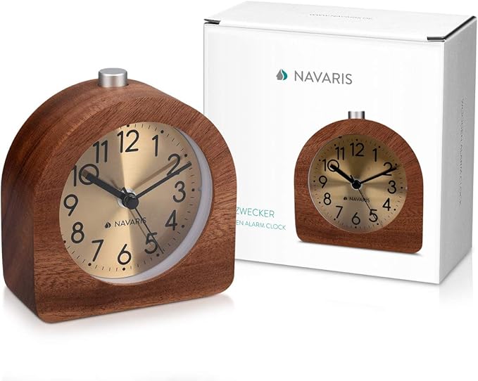 Navaris Wood Analog Alarm Clock - Half-Round Gold Face Battery-Operated Non-Ticking Clock with Snooze Button and Light - Dark Brown