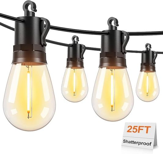 Brightever 25FT Outdoor String Lights Waterproof, LED Patio Lights with 8+1 Shatterproof S14 Edison Bulbs, String Lights for Outside Dimmable, Connectable Hanging Lights for Balcony, Yard, Gazebo