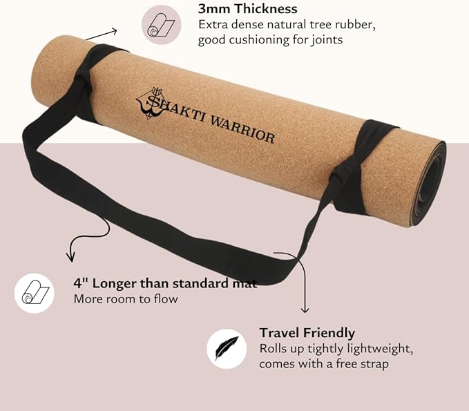 Shakti Warrior Cork Yoga Mat - Artist Designed, Premium Printed Eco-Friendly Non-Slip mat, Great for Regular & Hot Yoga, Pilates, Workouts 72 inch x 24 inch x 3mm Thick