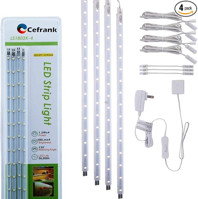 LED Display Light Bar Kit - (4) 16inches Plug-in Linkable Strip Lights for Large Display Cabinet - Series + Parallel Connection - White 6000K